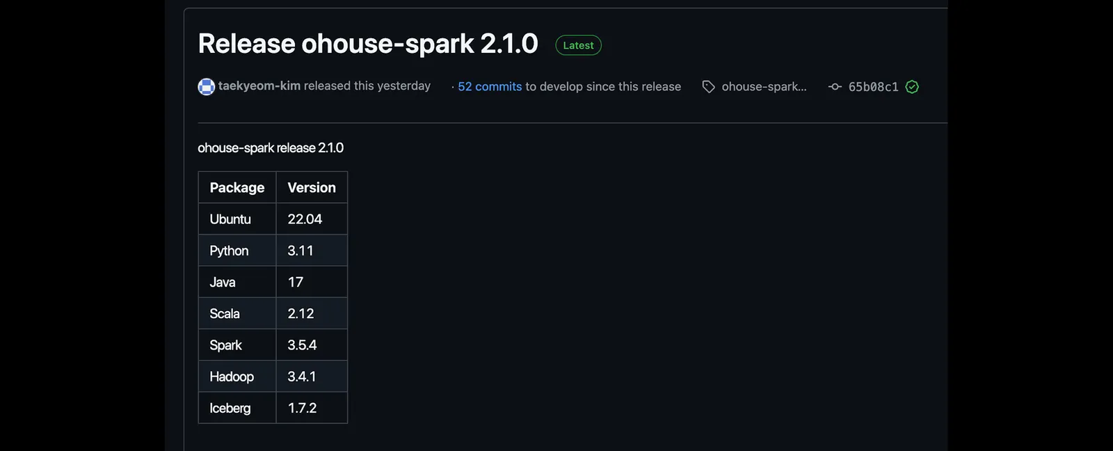 ▲ Ohouse Spark base image의 Github Release