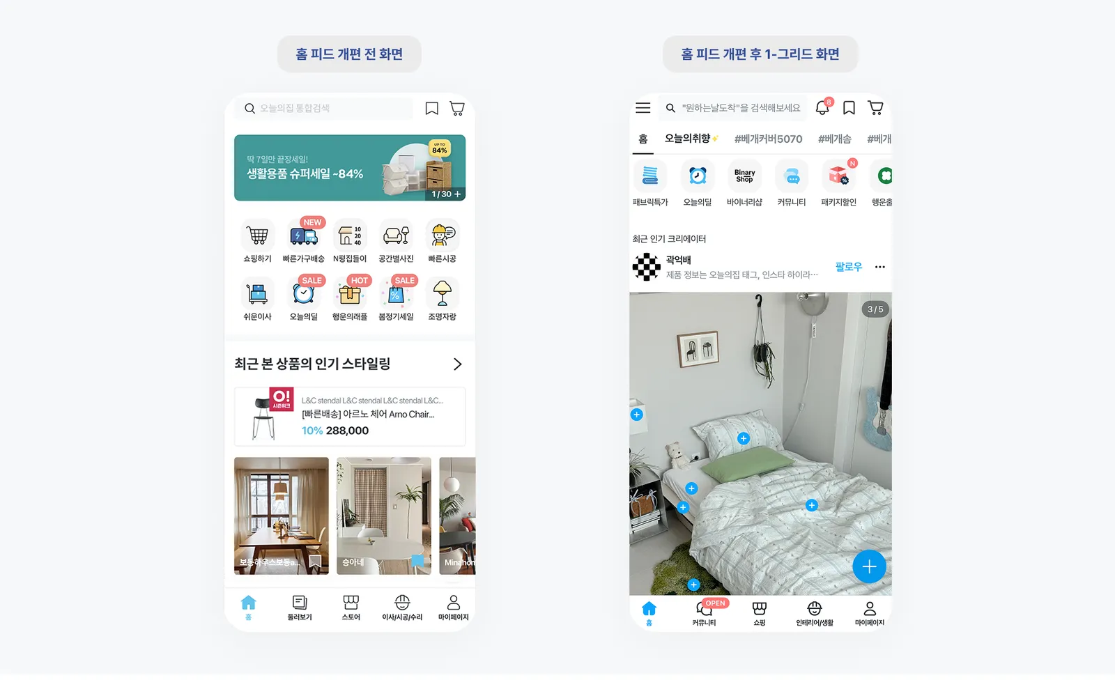 ▲ 홈 피드 개편 전/후 화면